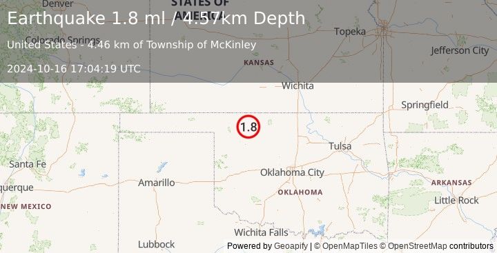 Earthquake 7 km NNW of Waynoka, Oklahoma (1.8 ml) (2024-10-16 17:04:19 UTC)