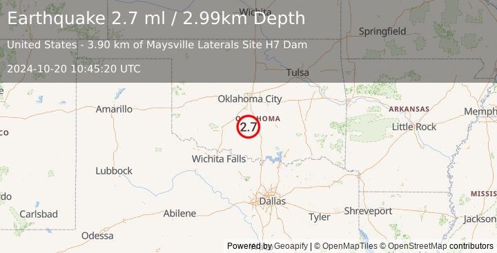 Earthquake 8 km SSE of Erin Springs, Oklahoma (2.7 ml) (2024-10-20 10:45:20 UTC)