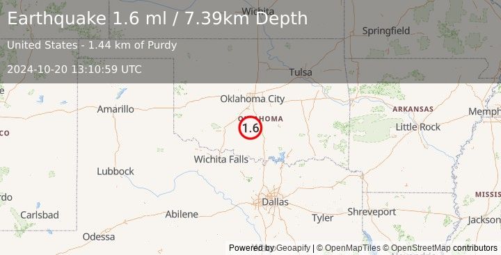 Earthquake 9 km SSE of Erin Springs, Oklahoma (1.6 ml) (2024-10-20 13:10:59 UTC)