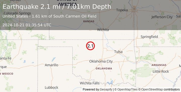 Earthquake 4 km SE of Carmen, Oklahoma (2.1 ml) (2024-10-21 01:35:54 UTC)