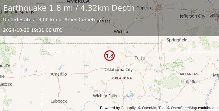 Earthquake 5 km NNE of Ames, Oklahoma (1.8 ml) (2024-10-23 19:01:06 UTC)