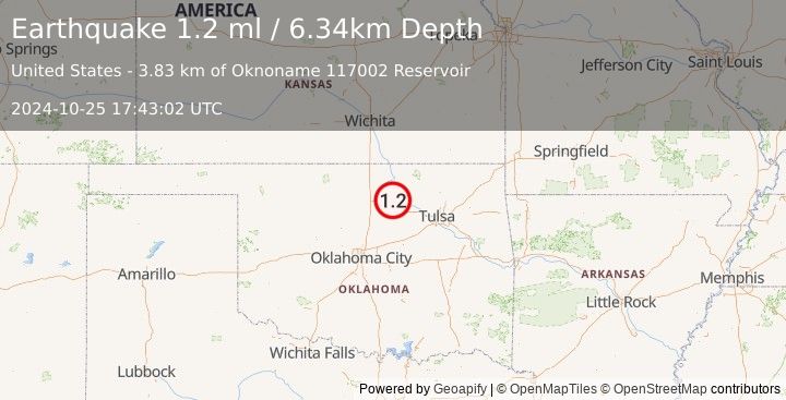 Earthquake 10 km NW of Pawnee, Oklahoma (1.2 ml) (2024-10-25 17:43:02 UTC)