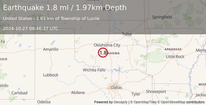 Earthquake 10 km NNW of Alex, Oklahoma (1.8 ml) (2024-10-27 09:46:37 UTC)