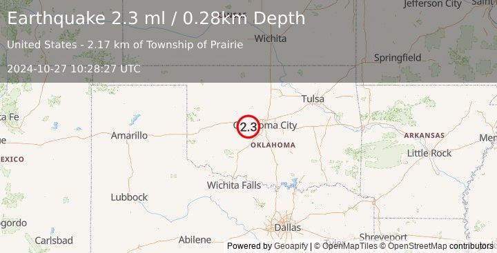 Earthquake 10 km WNW of Union City, Oklahoma (2.3 ml) (2024-10-27 10:28:27 UTC)