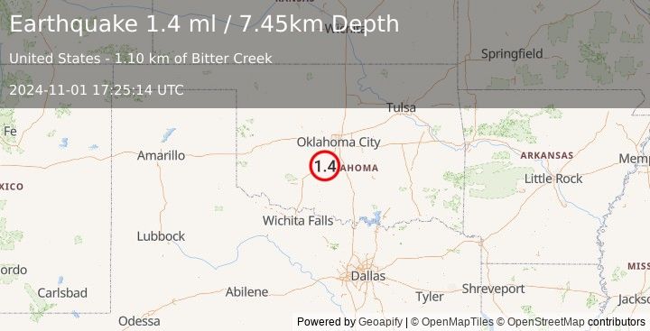 Earthquake 9 km NE of Ninnekah, Oklahoma (1.4 ml) (2024-11-01 17:25:14 UTC)