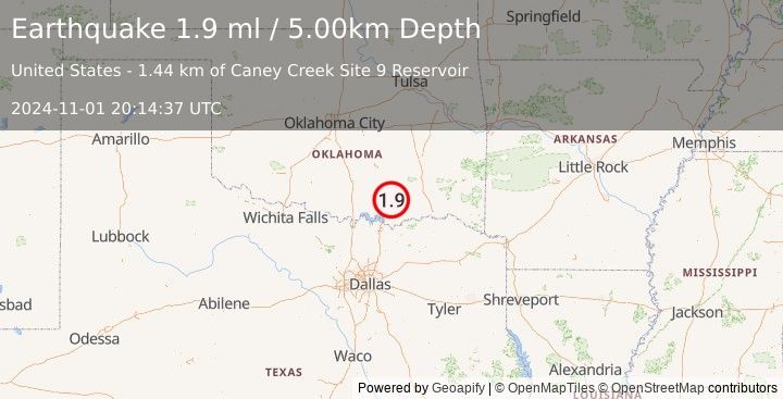 Earthquake 5 km N of Kenefic, Oklahoma (1.9 ml) (2024-11-01 20:14:37 UTC)