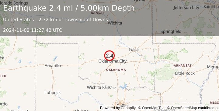 Earthquake 4 km W of Cashion, Oklahoma (2.4 ml) (2024-11-02 11:27:42 UTC)