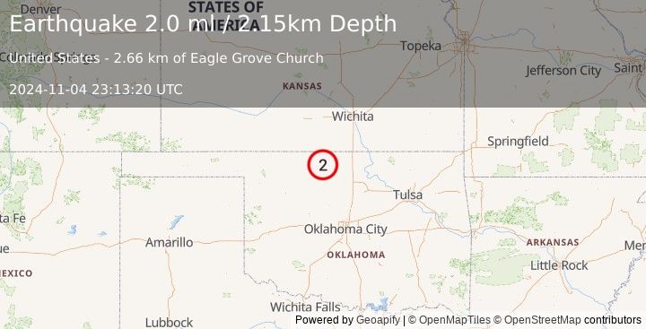 Earthquake 7 km E of Nescatunga, Oklahoma (2.0 ml) (2024-11-04 23:13:20 UTC)