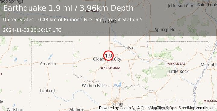 Earthquake 6 km ENE of Edmond, Oklahoma (1.9 ml) (2024-11-08 10:30:17 UTC)