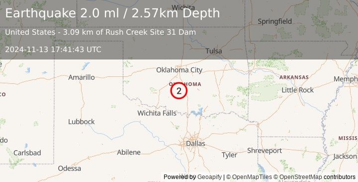 Earthquake 10 km NNW of Foster, Oklahoma (2.0 ml) (2024-11-13 17:41:43 UTC)