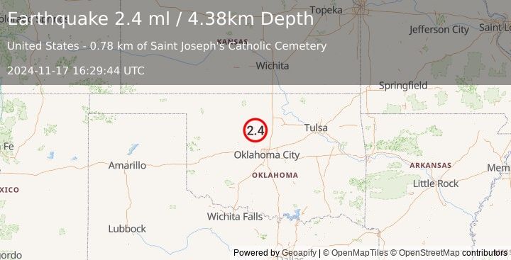 Earthquake 3 km ESE of Hennessey, Oklahoma (2.4 ml) (2024-11-17 16:29:44 UTC)