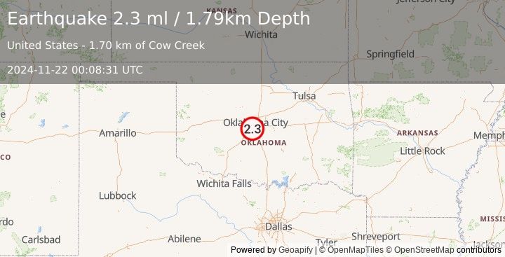 Earthquake 7 km N of Newcastle, Oklahoma (2.3 ml) (2024-11-22 00:08:31 UTC)