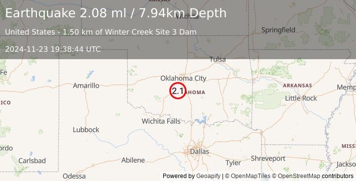 Earthquake 11 km W of Dibble, Oklahoma (2.1 ml) (2024-11-23 19:38:44 UTC)