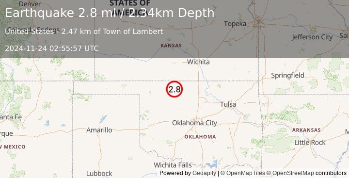 Earthquake 2 km N of Lambert, Oklahoma (2.8 ml) (2024-11-24 02:55:57 UTC)