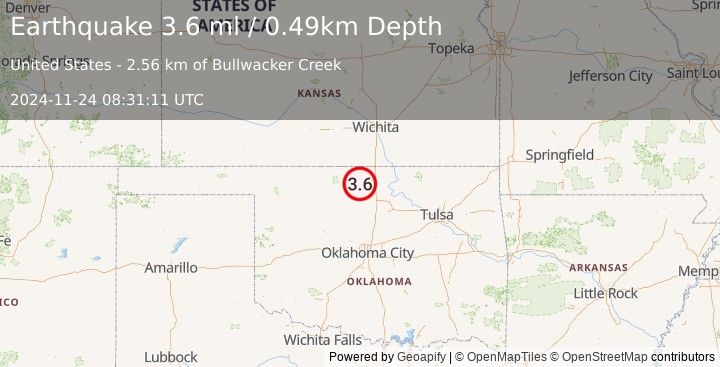 Earthquake 9 km ESE of Jefferson, Oklahoma (3.6 ml) (2024-11-24 08:31:11 UTC)