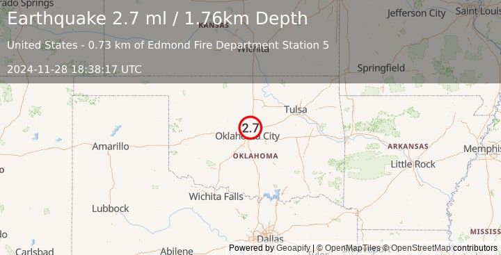 Earthquake 6 km NE of Edmond, Oklahoma (2.7 ml) (2024-11-28 18:38:17 UTC)