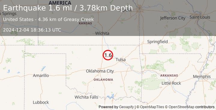 Earthquake 13 km NW of Pawnee, Oklahoma (1.6 ml) (2024-12-04 18:36:13 UTC)