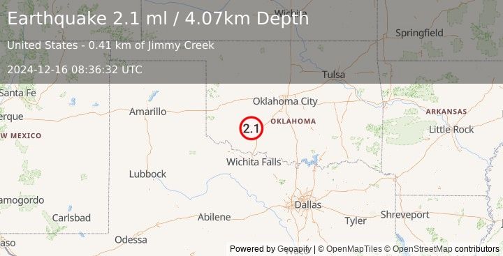 Earthquake 8 km NW of Medicine Park, Oklahoma (2.1 ml) (2024-12-16 08:36:32 UTC)