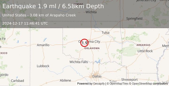 Earthquake 4 km SSW of Union City, Oklahoma (1.9 ml) (2024-12-17 11:46:41 UTC)