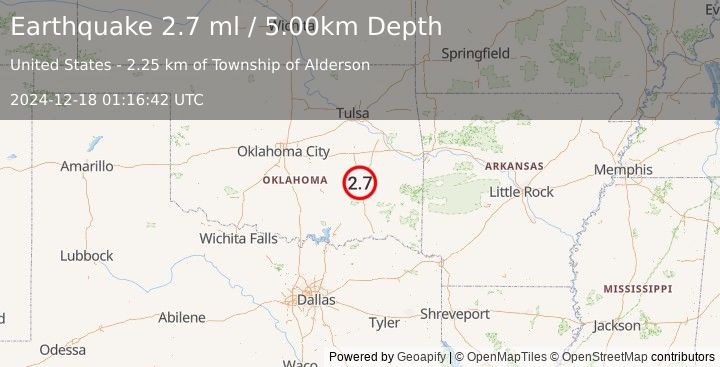 Earthquake 6 km N of Savanna, Oklahoma (2.7 ml) (2024-12-18 01:16:42 UTC)