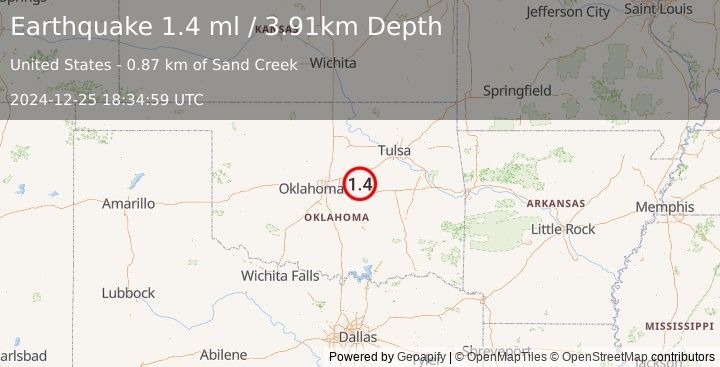 Earthquake 8 km SE of Sparks, Oklahoma (1.4 ml) (2024-12-25 18:34:59 UTC)