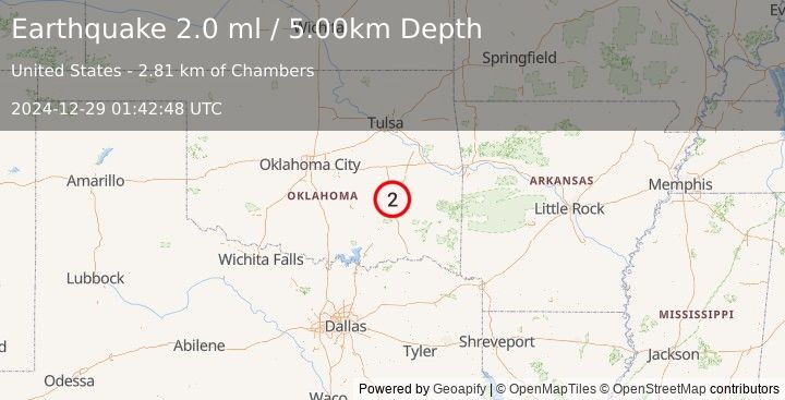 Earthquake 5 km N of Savanna, Oklahoma (2.0 ml) (2024-12-29 01:42:48 UTC)