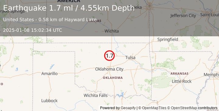 Earthquake 4 km WSW of Lucien, Oklahoma (1.7 ml) (2025-01-08 15:02:34 UTC)