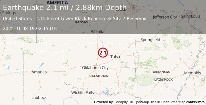 Earthquake 13 km NW of Pawnee, Oklahoma (2.1 ml) (2025-01-08 19:02:15 UTC)