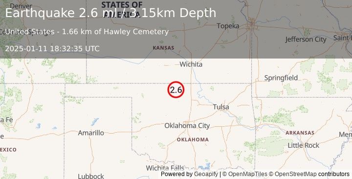 Earthquake 12 km ENE of Nescatunga, Oklahoma (2.6 ml) (2025-01-11 18:32:35 UTC)