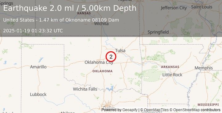 Earthquake 5 km N of Stroud, Oklahoma (2.0 ml) (2025-01-19 01:23:32 UTC)