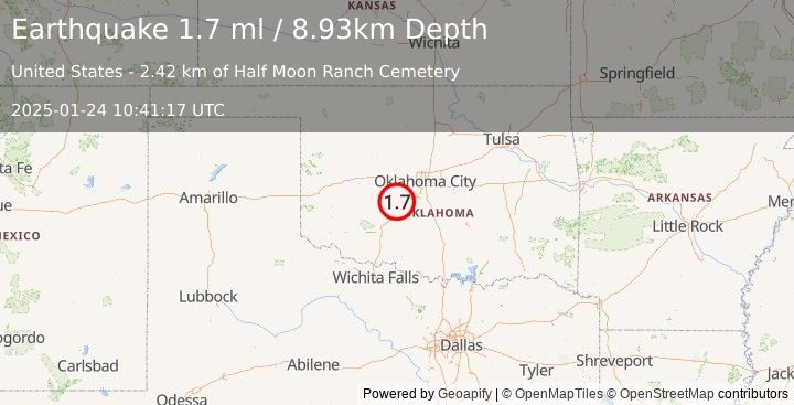 Earthquake 4 km N of Verden, Oklahoma (1.7 ml) (2025-01-24 10:41:17 UTC)