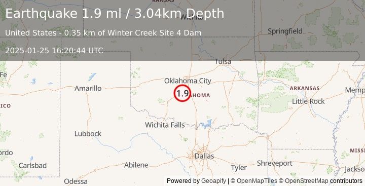 Earthquake 10 km W of Dibble, Oklahoma (1.9 ml) (2025-01-25 16:20:44 UTC)