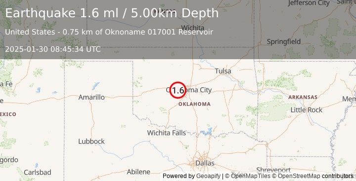 Earthquake 7 km NW of Union City, Oklahoma (1.6 ml) (2025-01-30 08:45:34 UTC)