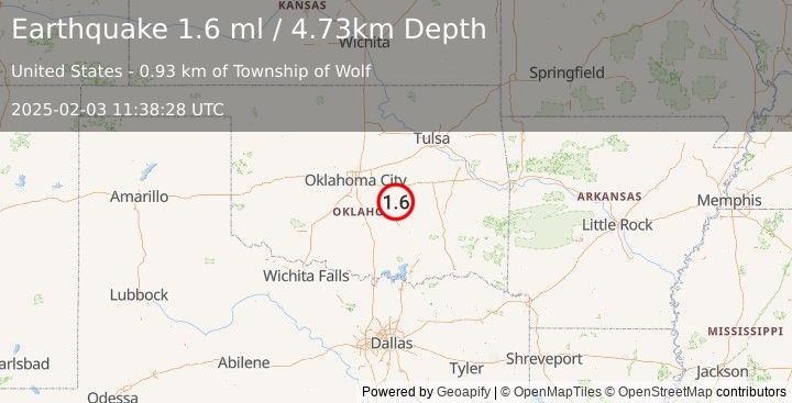 Earthquake 4 km SW of Bowlegs, Oklahoma (1.6 ml) (2025-02-03 11:38:28 UTC)