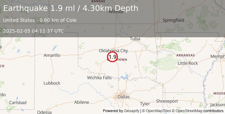 Earthquake 0 km WSW of Cole, Oklahoma (1.9 ml) (2025-02-05 04:11:37 UTC)