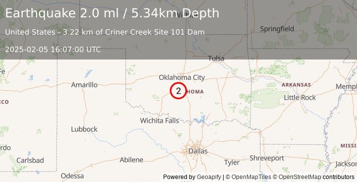 Earthquake 7 km SSW of Dibble, Oklahoma (2.0 ml) (2025-02-05 16:07:00 UTC)