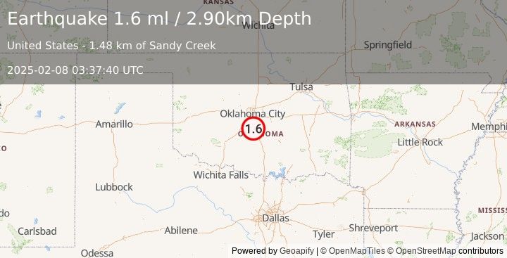 Earthquake 1 km N of Washington, Oklahoma (1.6 ml) (2025-02-08 03:37:40 UTC)