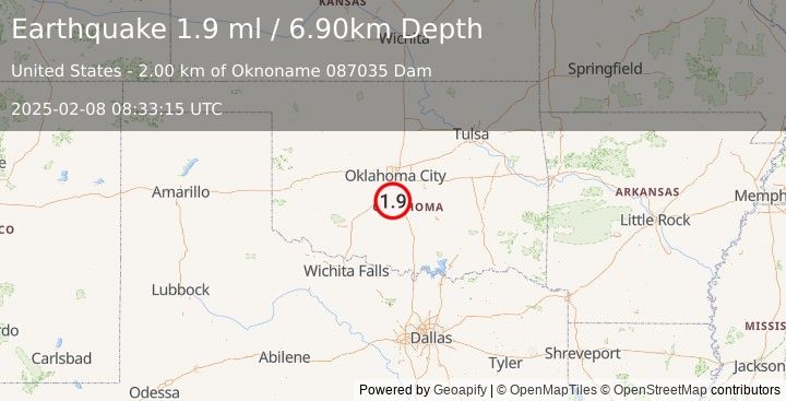 Earthquake 4 km S of Cole, Oklahoma (1.9 ml) (2025-02-08 08:33:15 UTC)