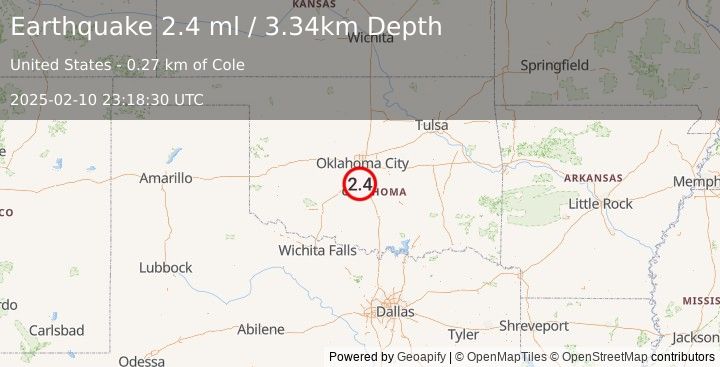 Earthquake 0 km NE of Cole, Oklahoma (2.4 ml) (2025-02-10 23:18:30 UTC)