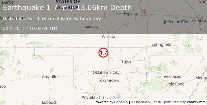 Earthquake 6 km ESE of Jefferson, Oklahoma (1.7 ml) (2025-02-12 10:02:36 UTC)