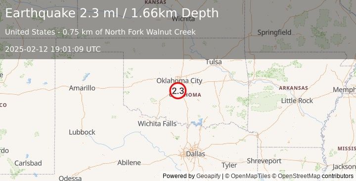 Earthquake 0 km NNW of Cole, Oklahoma (2.3 ml) (2025-02-12 19:01:09 UTC)