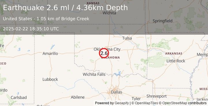 Earthquake 1 km WSW of Bridge Creek, Oklahoma (2.6 ml) (2025-02-22 18:35:10 UTC)