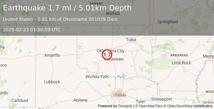 Earthquake 3 km WNW of Bridge Creek, Oklahoma (1.7 ml) (2025-02-23 01:50:59 UTC)