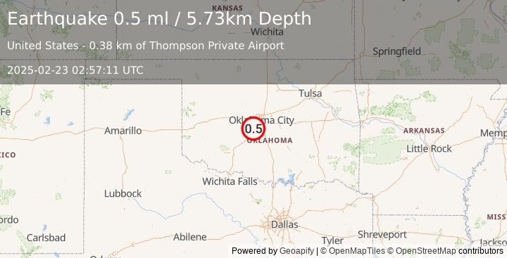 Earthquake 2 km WNW of Bridge Creek, Oklahoma (0.5 ml) (2025-02-23 02:57:11 UTC)