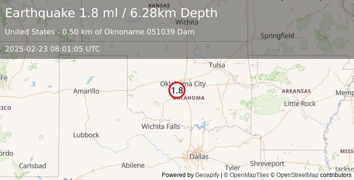 Earthquake 3 km W of Bridge Creek, Oklahoma (1.8 ml) (2025-02-23 08:01:05 UTC)