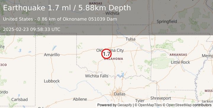 Earthquake 3 km WNW of Bridge Creek, Oklahoma (1.7 ml) (2025-02-23 09:58:33 UTC)