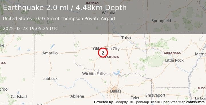 Earthquake 2 km W of Bridge Creek, Oklahoma (2.0 ml) (2025-02-23 19:05:25 UTC)