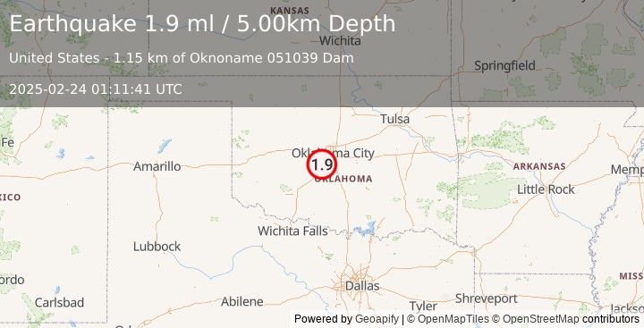 Earthquake 4 km WNW of Bridge Creek, Oklahoma (1.9 ml) (2025-02-24 01:11:41 UTC)