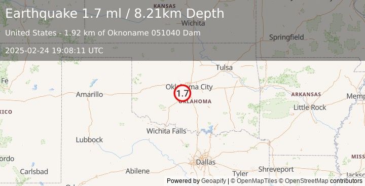 Earthquake 4 km SSE of Tuttle, Oklahoma (1.7 ml) (2025-02-24 19:08:11 UTC)