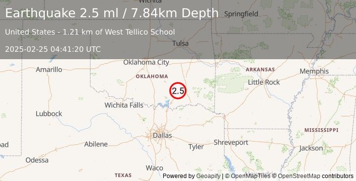 Earthquake 5 km SW of Stringtown, Oklahoma (2.5 ml) (2025-02-25 04:41:20 UTC)